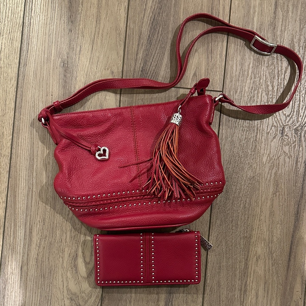 Brighton silver stud red leather crossbody bag w/ wallet, tassel & heart charm